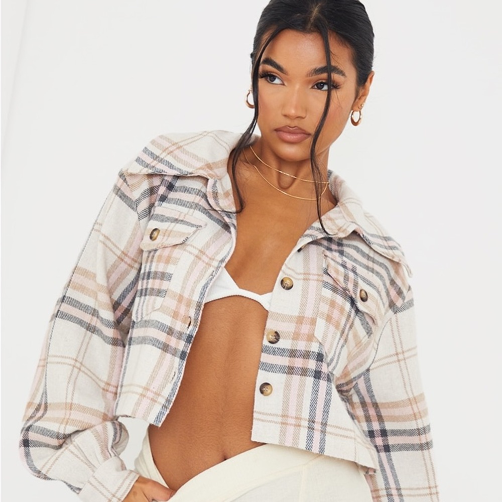 Beige / pink checked cropped shaket